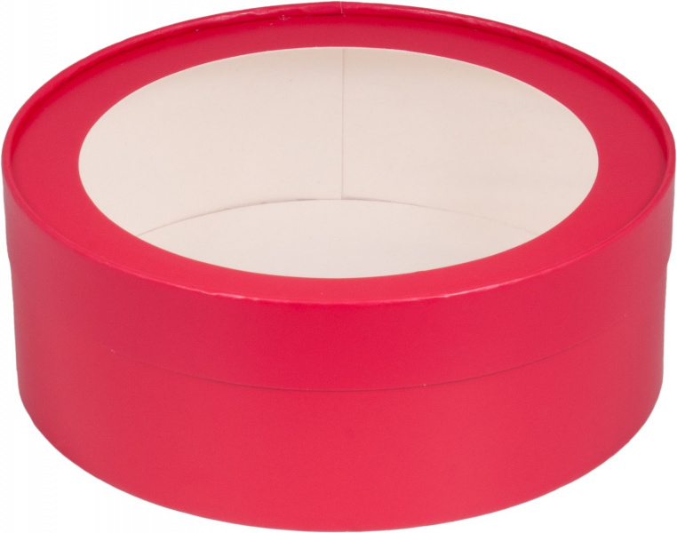 Коробка под зефир, печенье и макароны круглая с окном диам.200мм выс.70 мм (красная матовая)