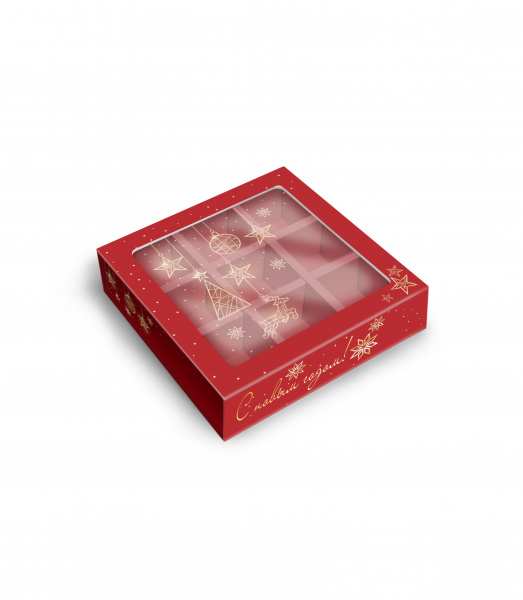 КУ-00735 Коробка с обечайкой с окном 9 конфет, Золотая гирлянда